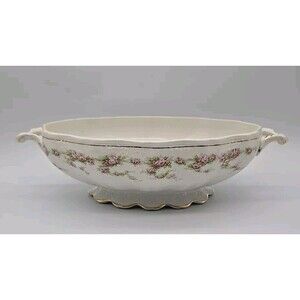 Vintage Dresden Semi Porcelain Two Handle Serving Bowl Rosesand Gold Trimmed
